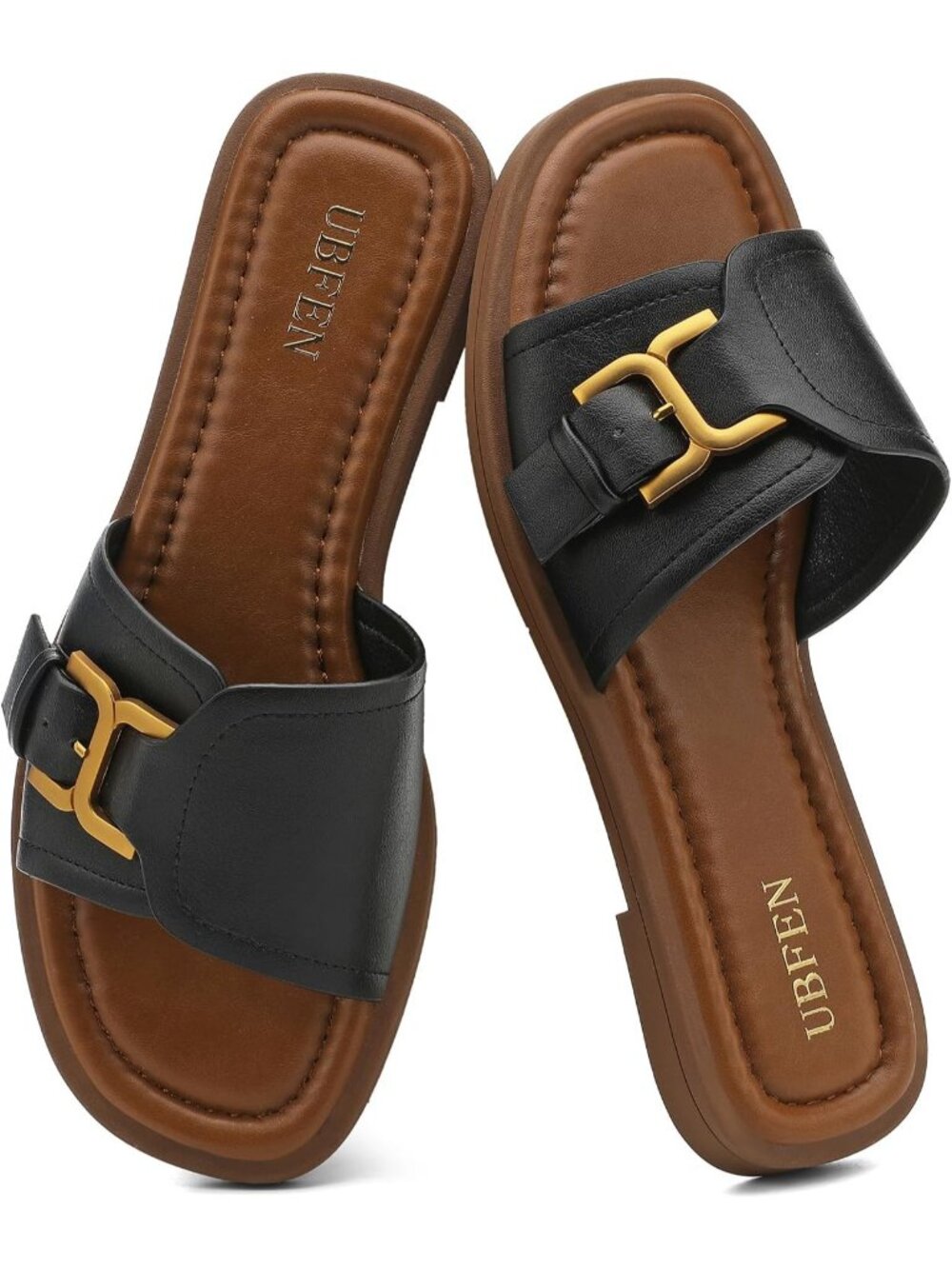 Women's Black Square Toe Flat Sandals Slides Dressy Comfortable for Beach